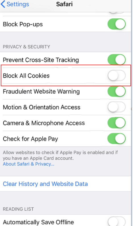 Enable Cookies in SAFARI for iOS (iPhone and iPad)